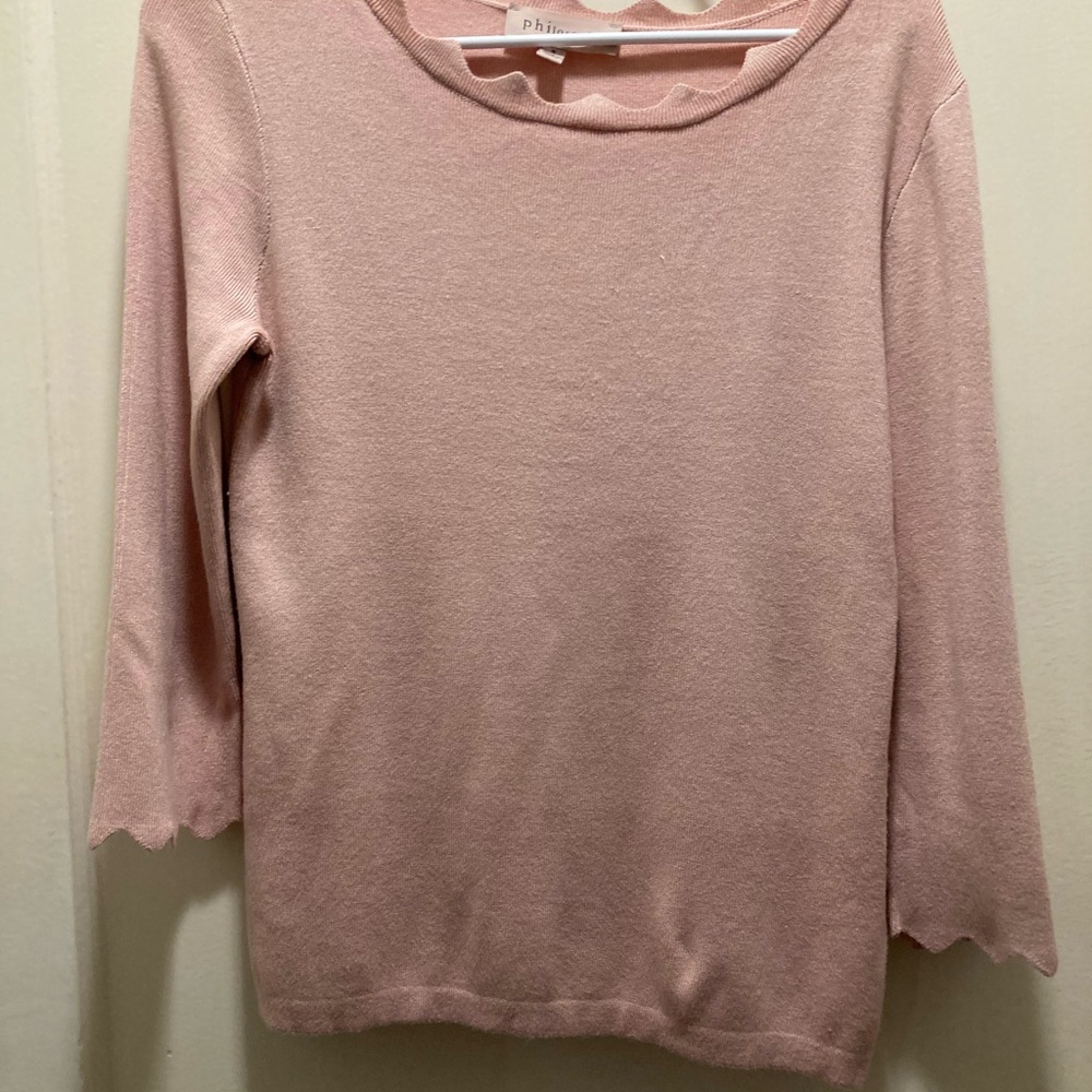 Philosophy Republic Clothing Pink Scalloped Neck 3/4 Sleeve Knit Sweater Small